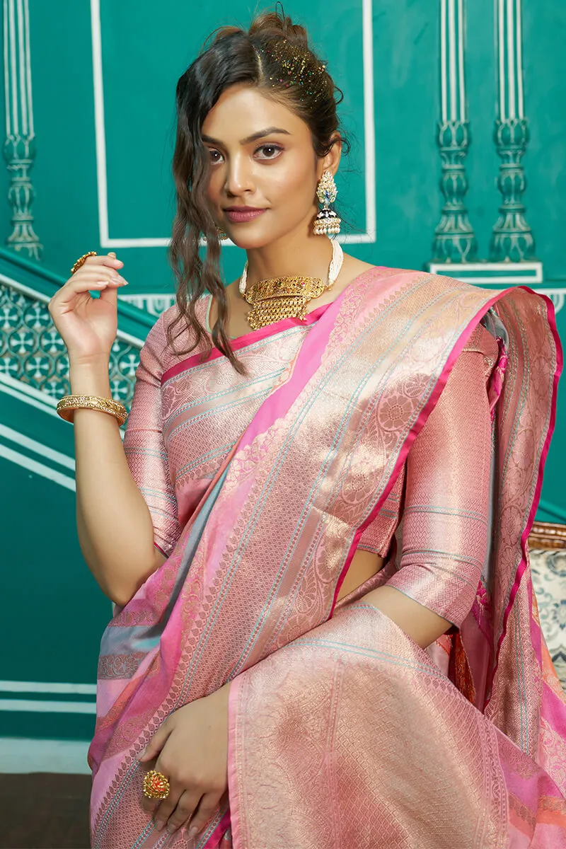 Glittering Baby Pink Organza Silk Saree With Radiant Blouse Piece