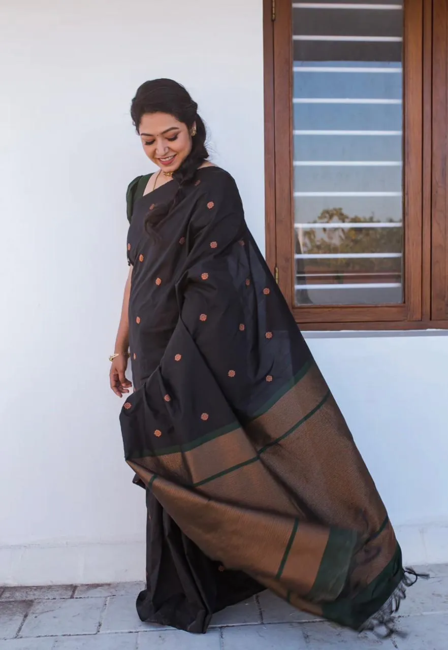 Glittering Black Soft Silk Saree With Comely Blouse Piece