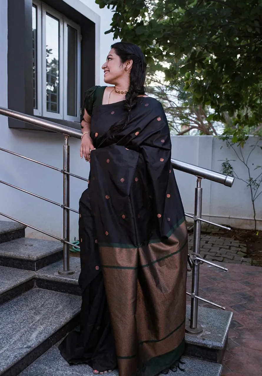 Glittering Black Soft Silk Saree With Comely Blouse Piece