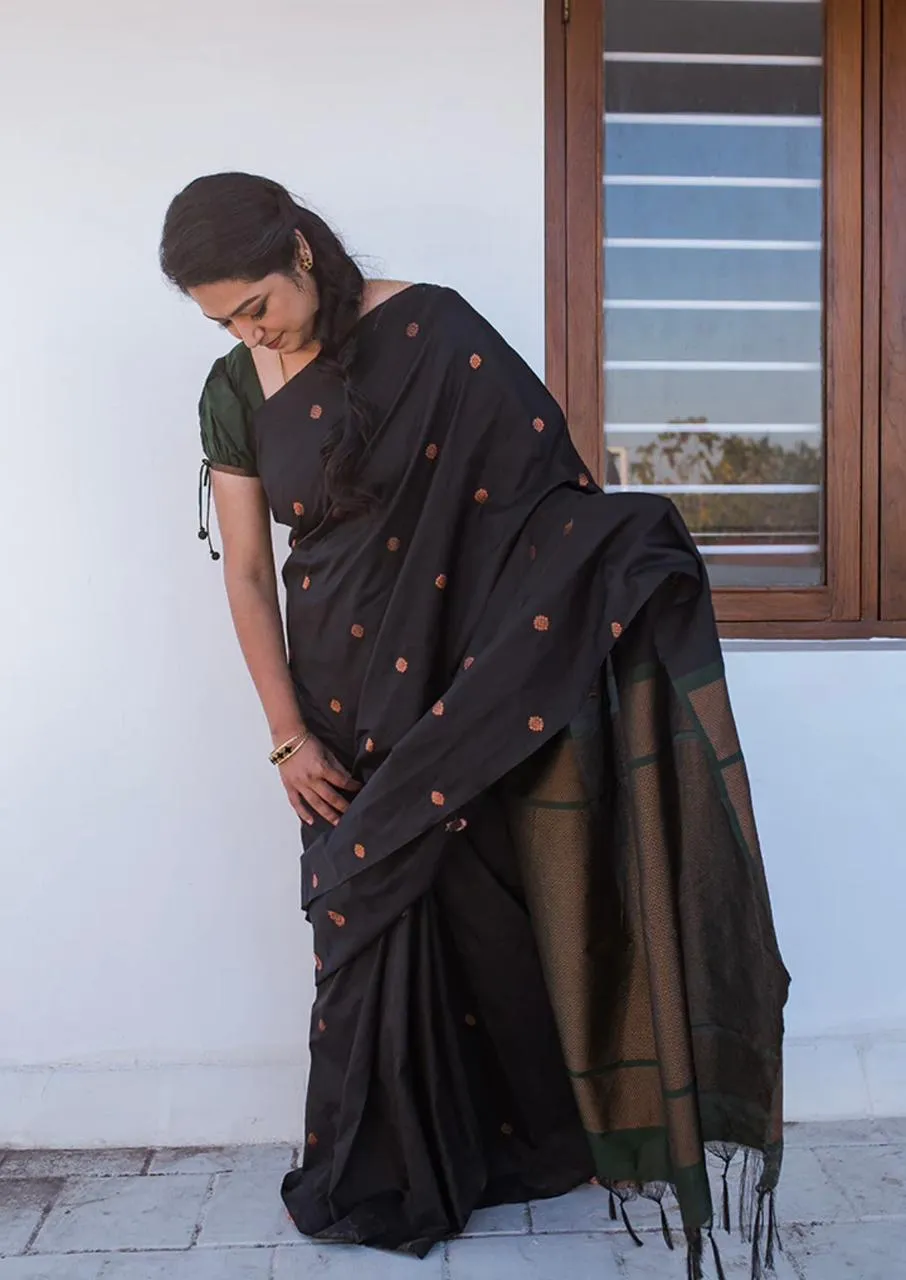 Glittering Black Soft Silk Saree With Comely Blouse Piece