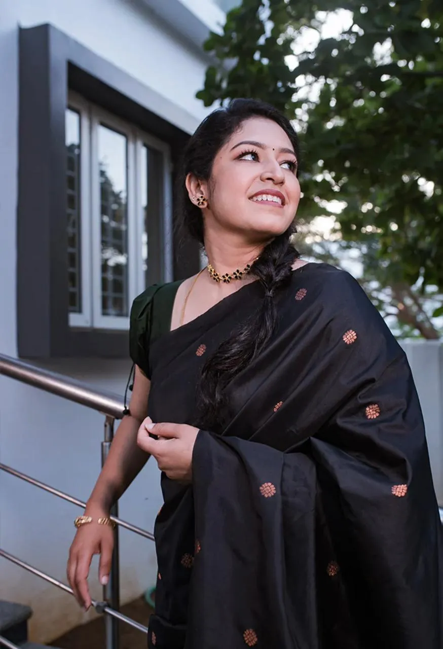 Glittering Black Soft Silk Saree With Comely Blouse Piece