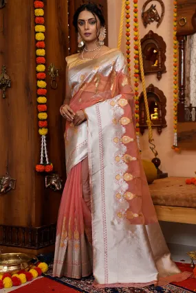 Glittering Peach Organza Silk Saree With Susurrous Blouse Piece