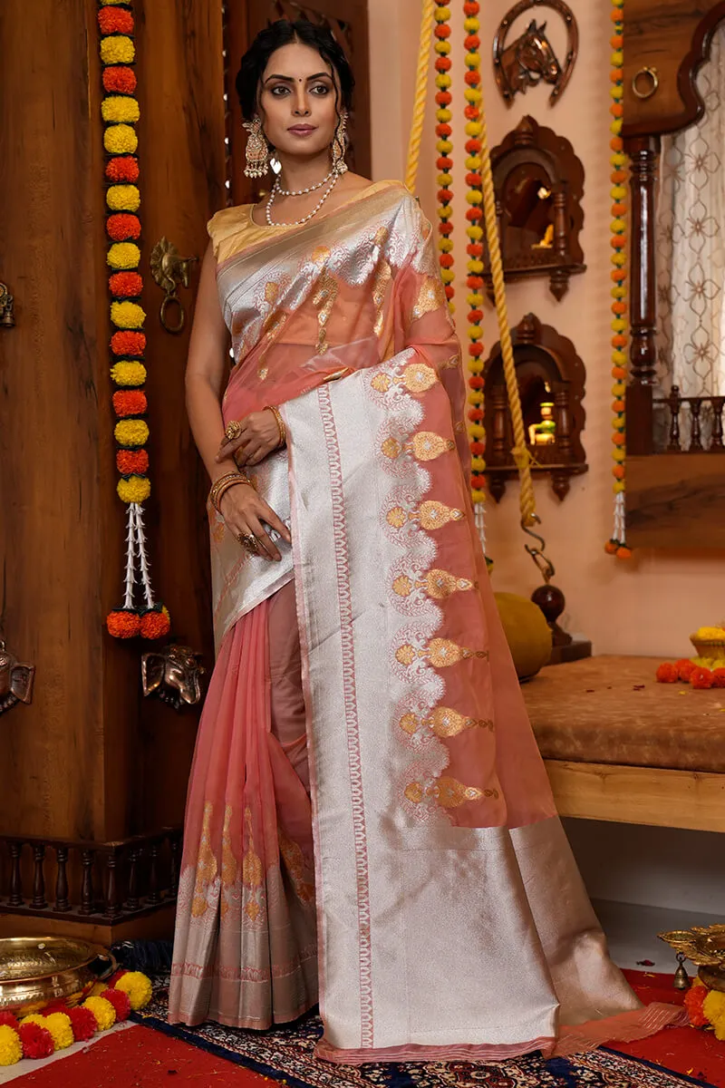 Glittering Peach Organza Silk Saree With Susurrous Blouse Piece