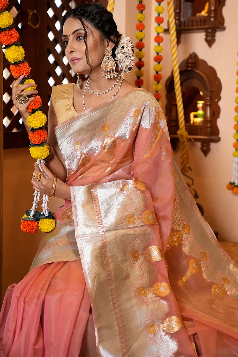 Glittering Peach Organza Silk Saree With Susurrous Blouse Piece