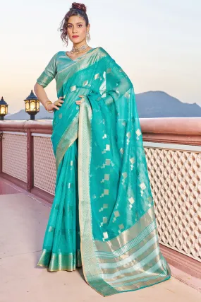 Glittering Turquoise Soft Silk Saree with Conflate Blouse Piece