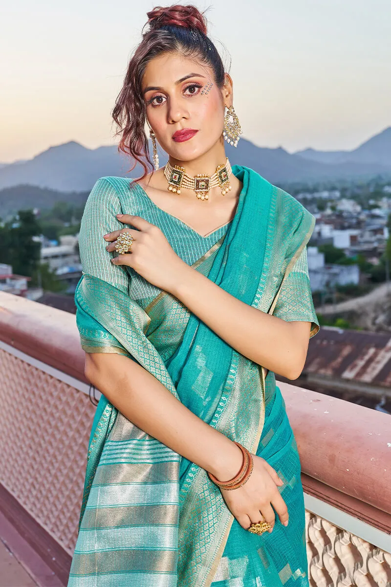 Glittering Turquoise Soft Silk Saree with Conflate Blouse Piece