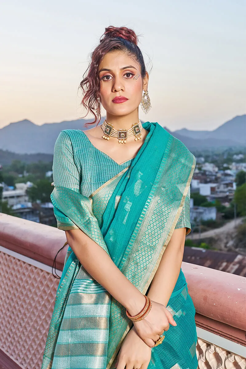 Glittering Turquoise Soft Silk Saree with Conflate Blouse Piece