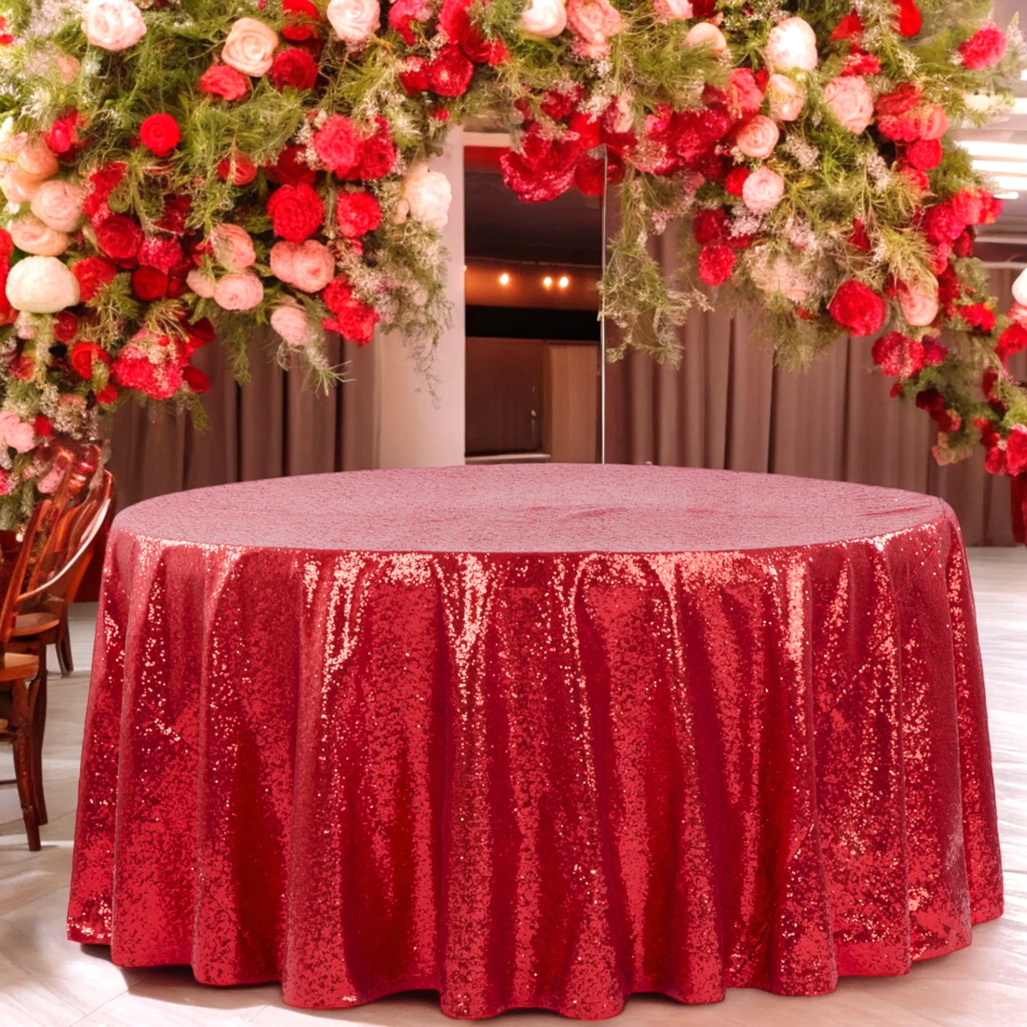 Glitz Sequins 120" Round Tablecloth - Apple Red