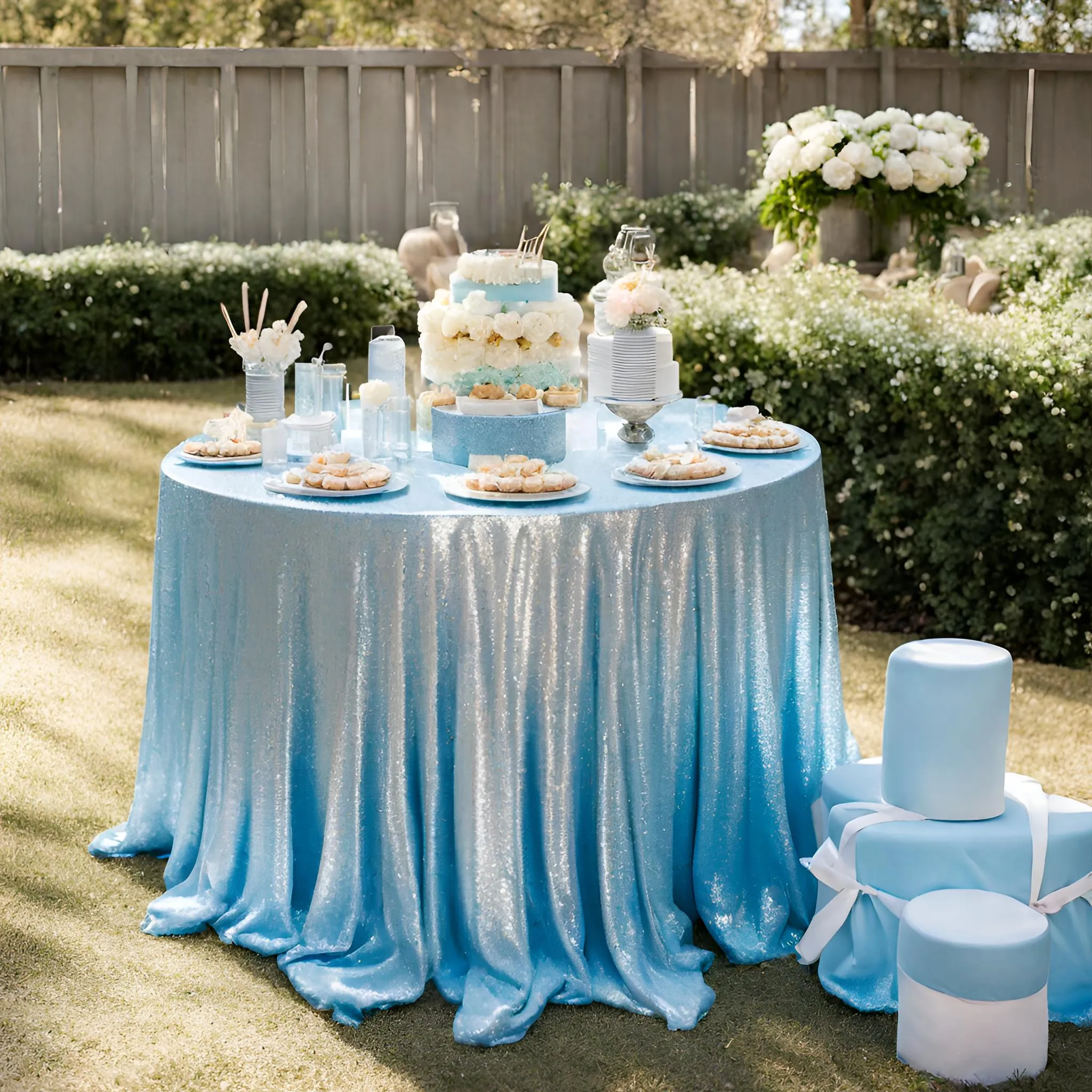 Glitz Sequins 120" Round Tablecloth - Baby Blue