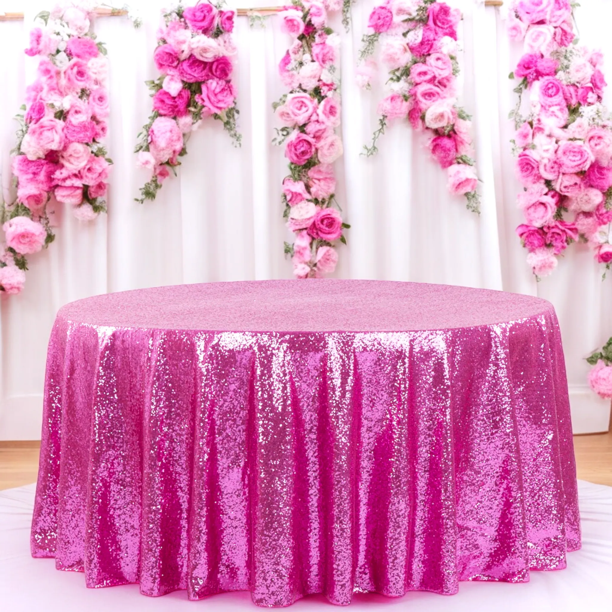 Glitz Sequins 120" Round Tablecloth - Fuchsia