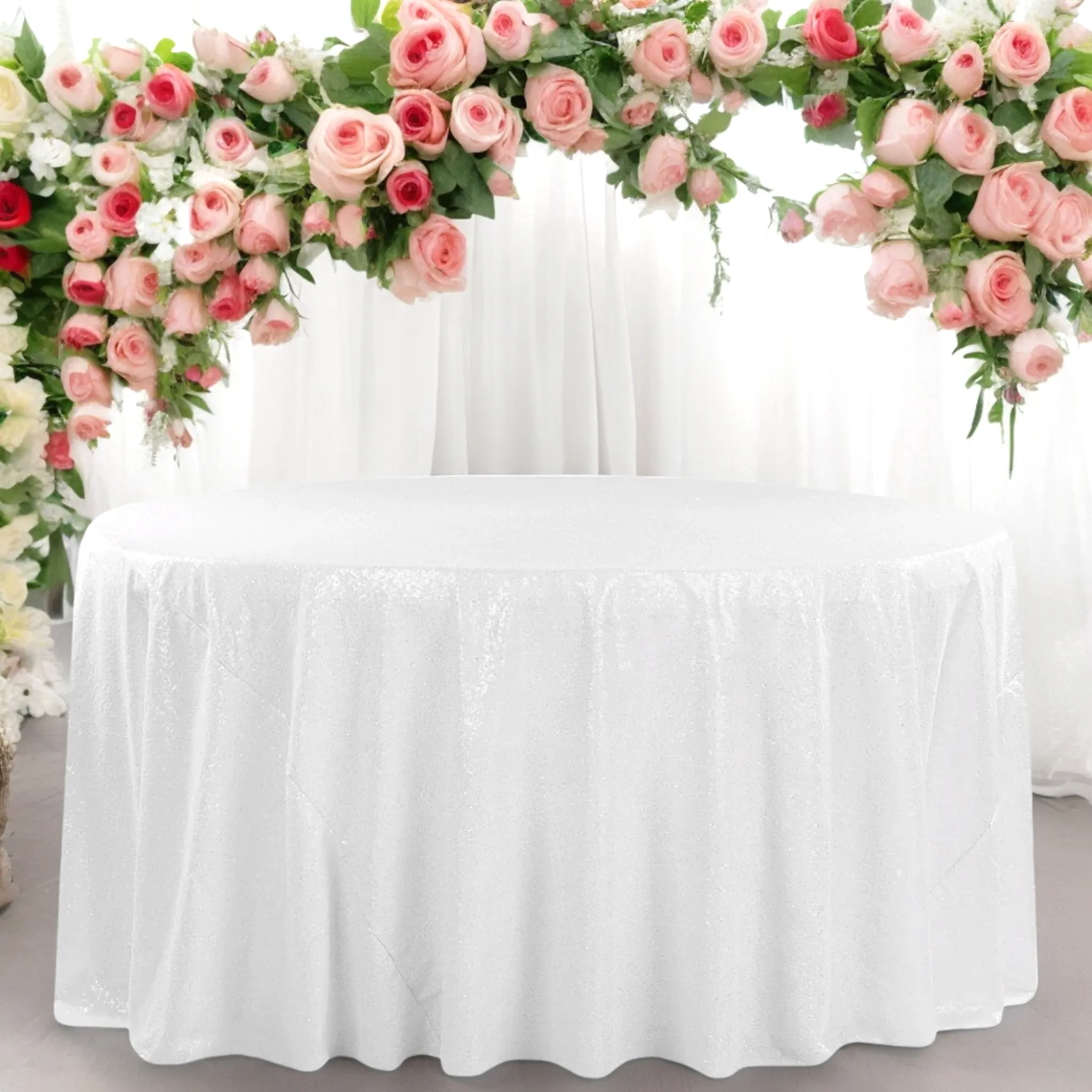 Glitz Sequins 120" Round Tablecloth - White