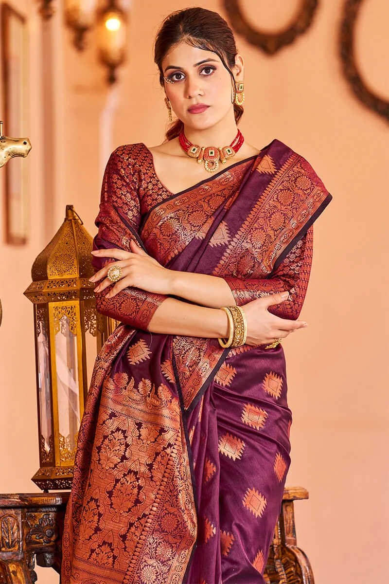 Glorious Purple Soft Banarasi Silk Saree With Glowing Blouse Piece