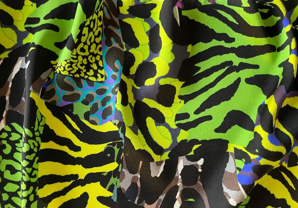 Glowing Animalistic Neon Yellow, Spring Bud, Electric Purple & Black Stretch Silk Satin Charmeuse (Made in Italy)