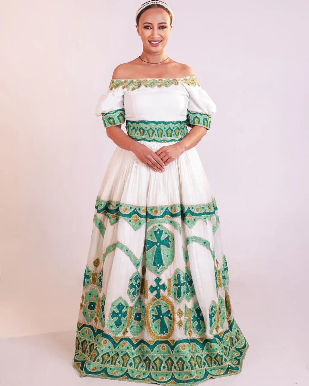 Glowing in Green Ethiopian Traditional Dress: Off Shoulder Modern Habesha Dress Elegant Ethiopian Wedding Dress