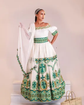 Glowing in Green Ethiopian Traditional Dress: Off Shoulder Modern Habesha Dress Elegant Ethiopian Wedding Dress