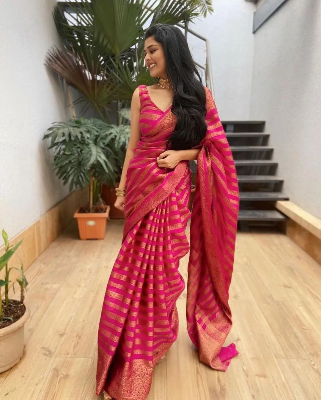 Glowing Pink Soft Silk Saree With Groovy Blouse Piece