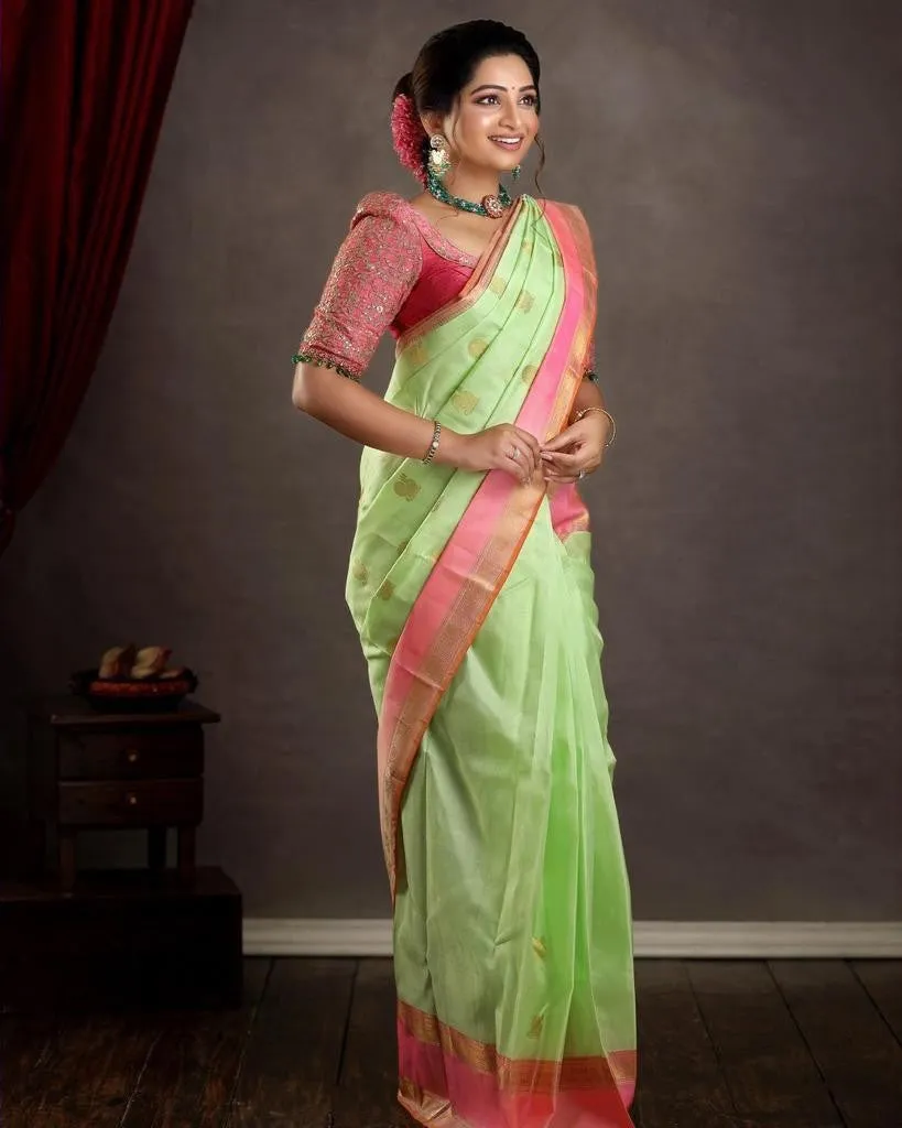 Glowing Pista Soft Silk Saree With Evocative Blouse Piece