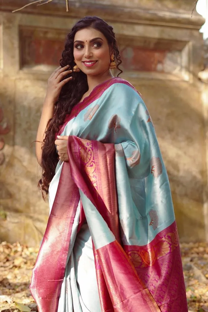 Glowing Sky Soft Banarasi Silk Saree With Girlish Blouse Piece