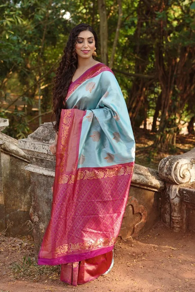 Glowing Sky Soft Banarasi Silk Saree With Girlish Blouse Piece