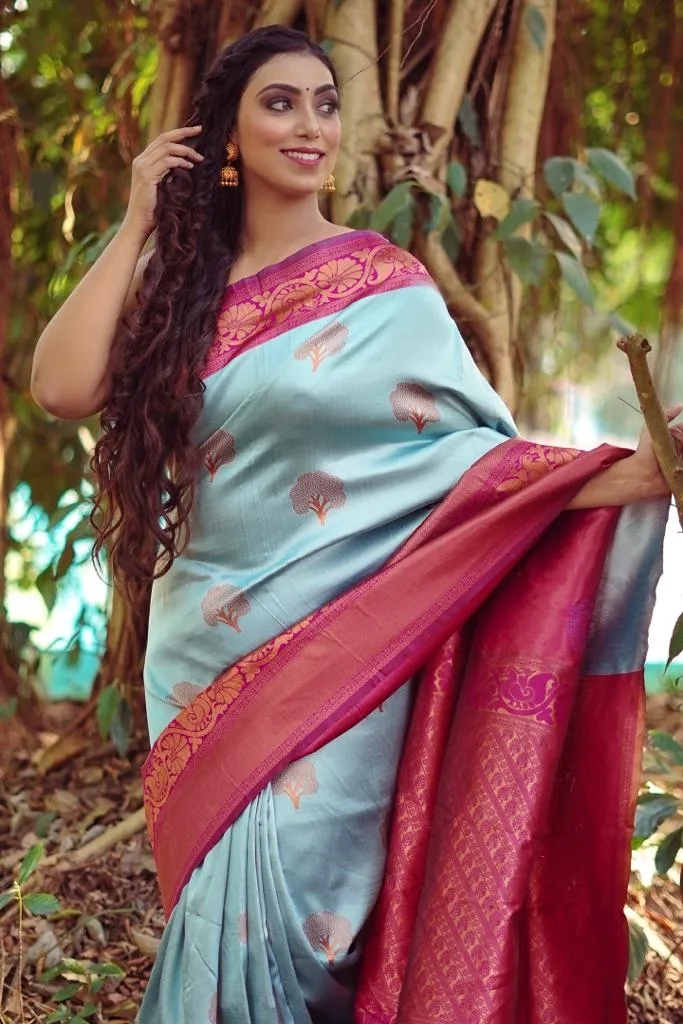 Glowing Sky Soft Banarasi Silk Saree With Girlish Blouse Piece