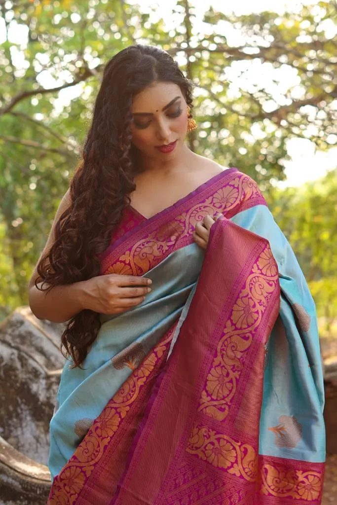 Glowing Sky Soft Banarasi Silk Saree With Girlish Blouse Piece