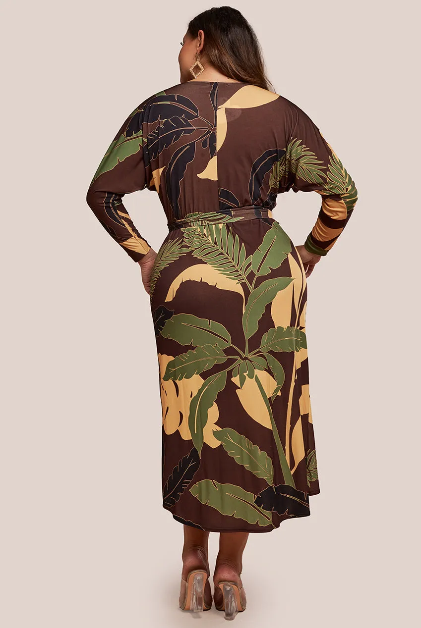 Goddiva Plus Printed Batwing Wrap Midi Dress - Brown