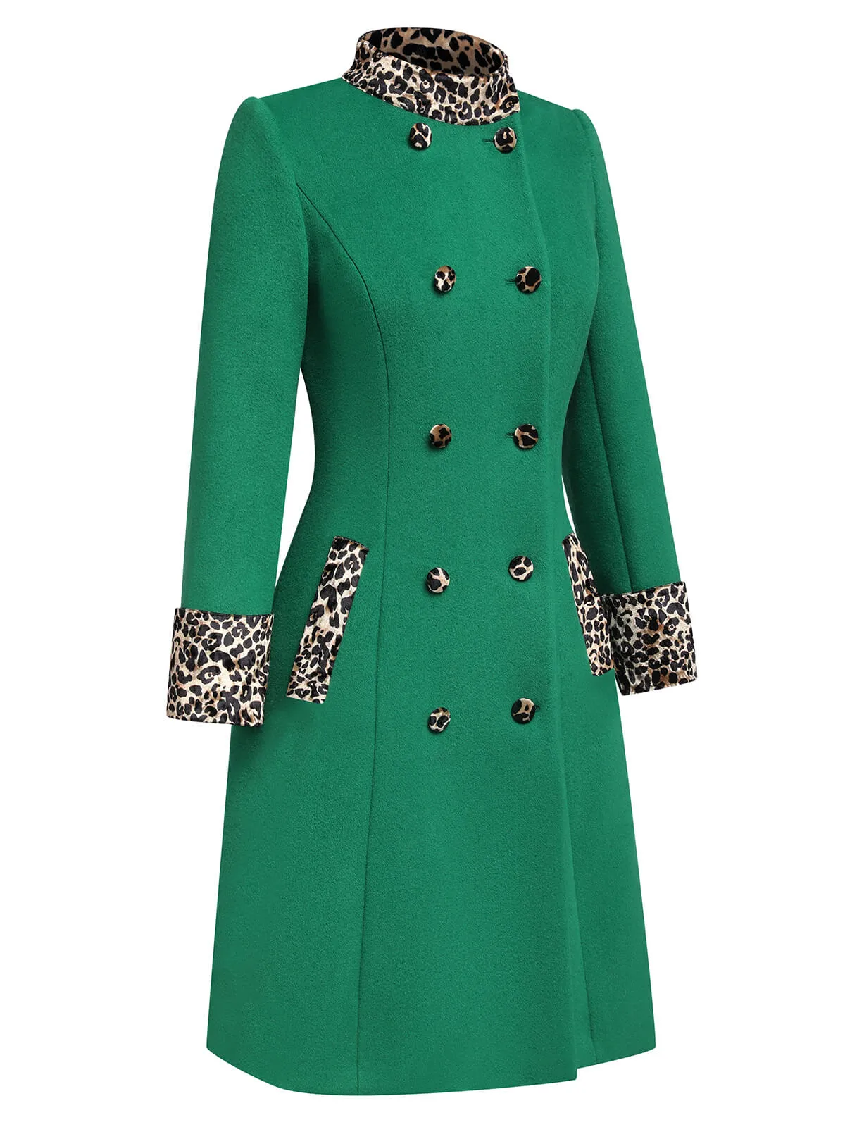 Green 1940s Leopard Patchwork Button Coat