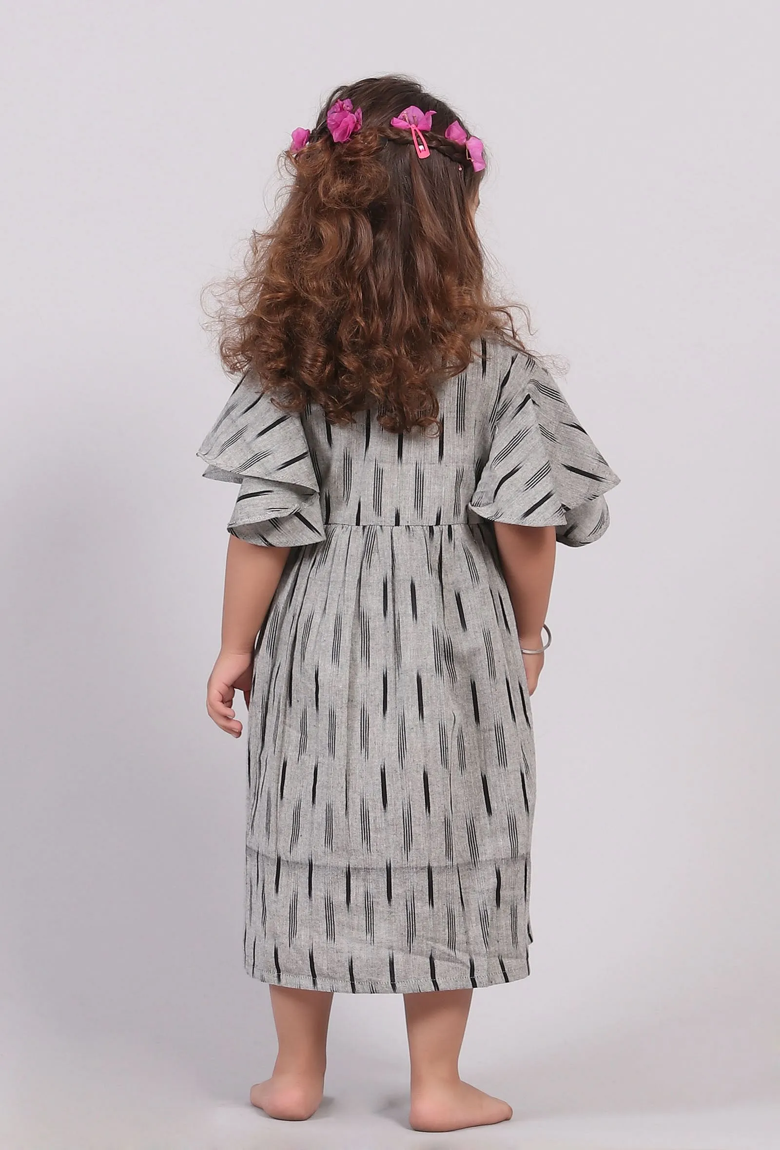 Grey and Black Ikat Wrap Flared Dress