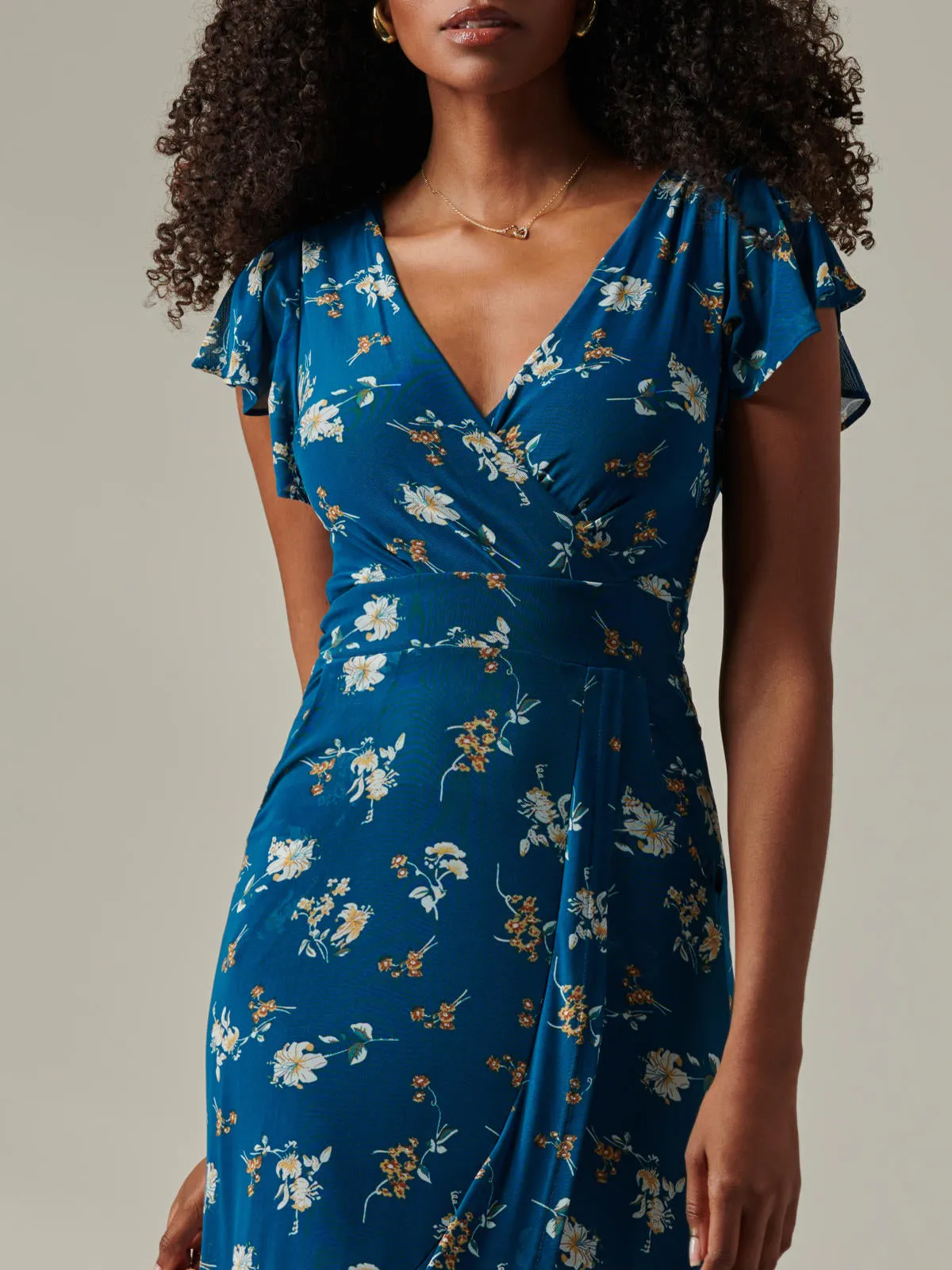 Heleyna Ruffle Hem Mesh Maxi Dress, Teal Floral