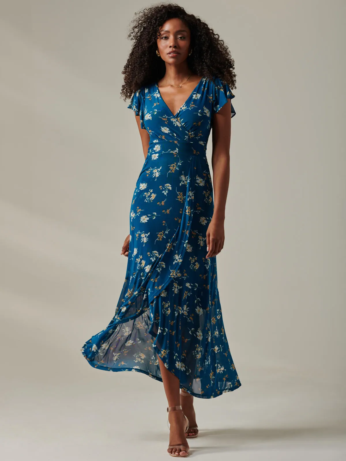 Heleyna Ruffle Hem Mesh Maxi Dress, Teal Floral