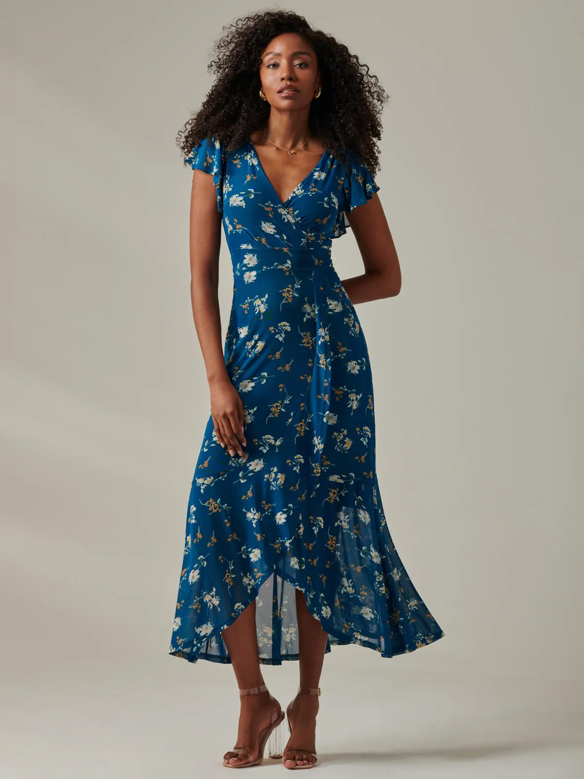 Heleyna Ruffle Hem Mesh Maxi Dress, Teal Floral