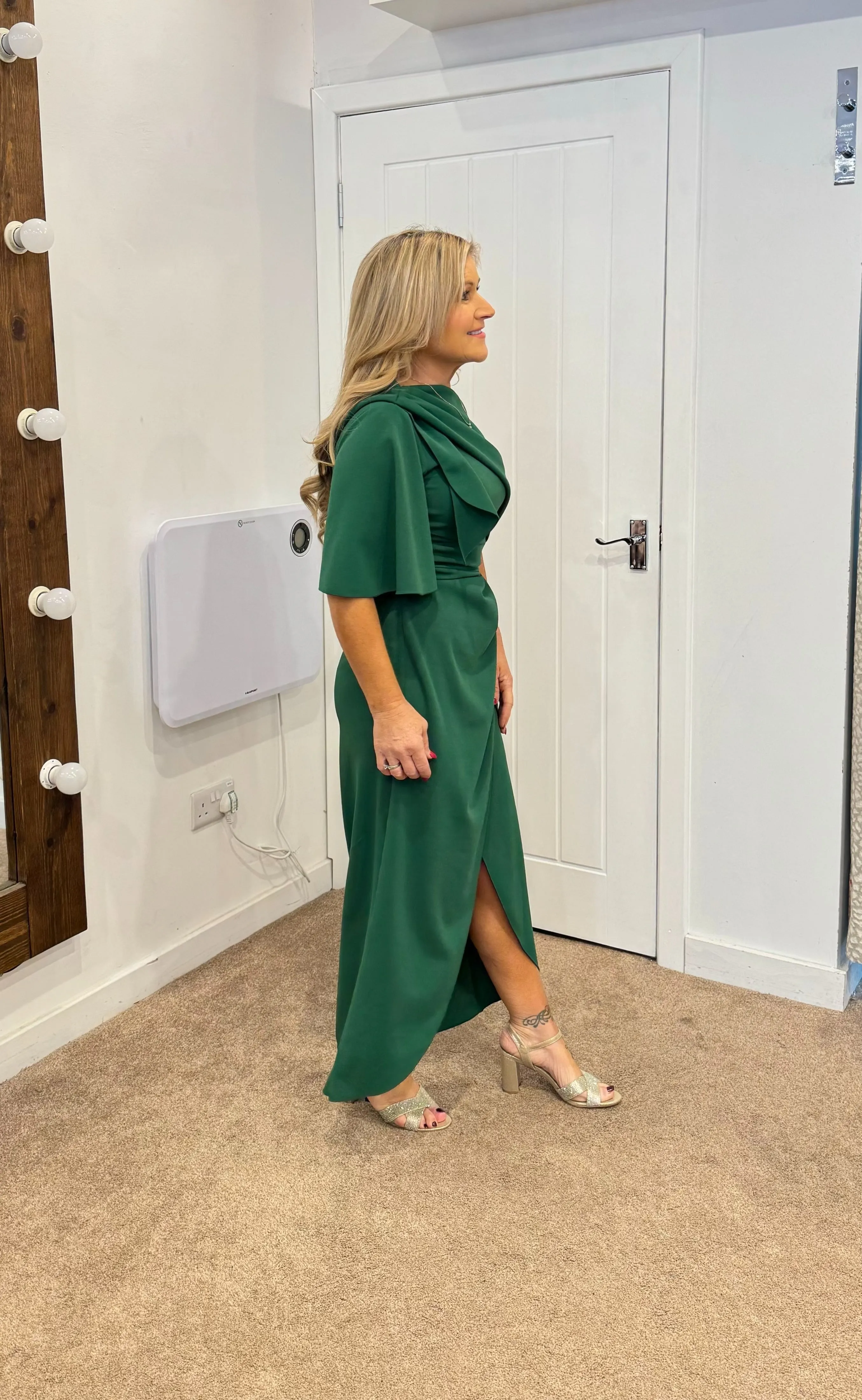 Holly Bardot on off shoulder dip hemline midi dress Forrest green