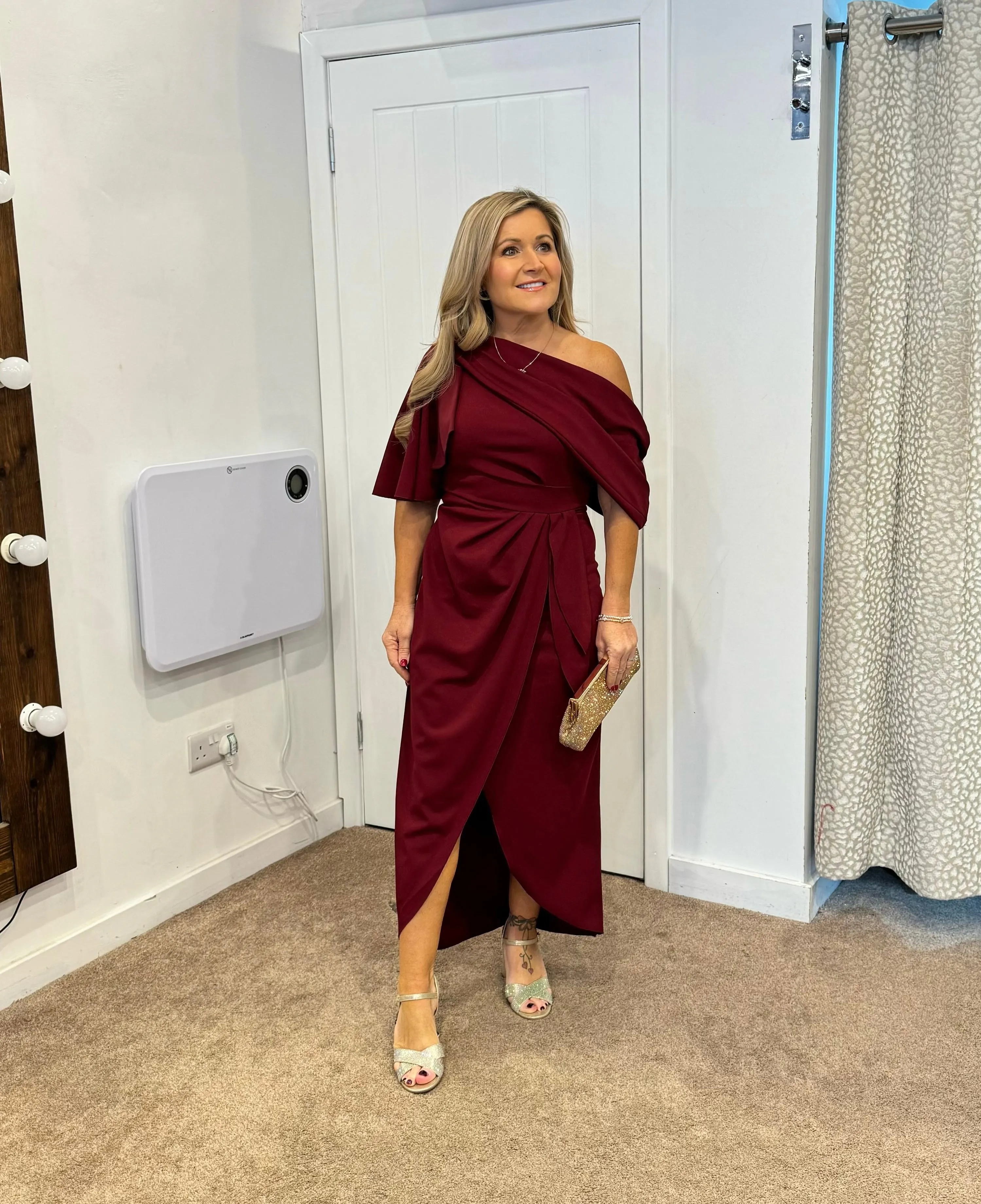 Holly Bardot on off shoulder dip hemline midi dress wine