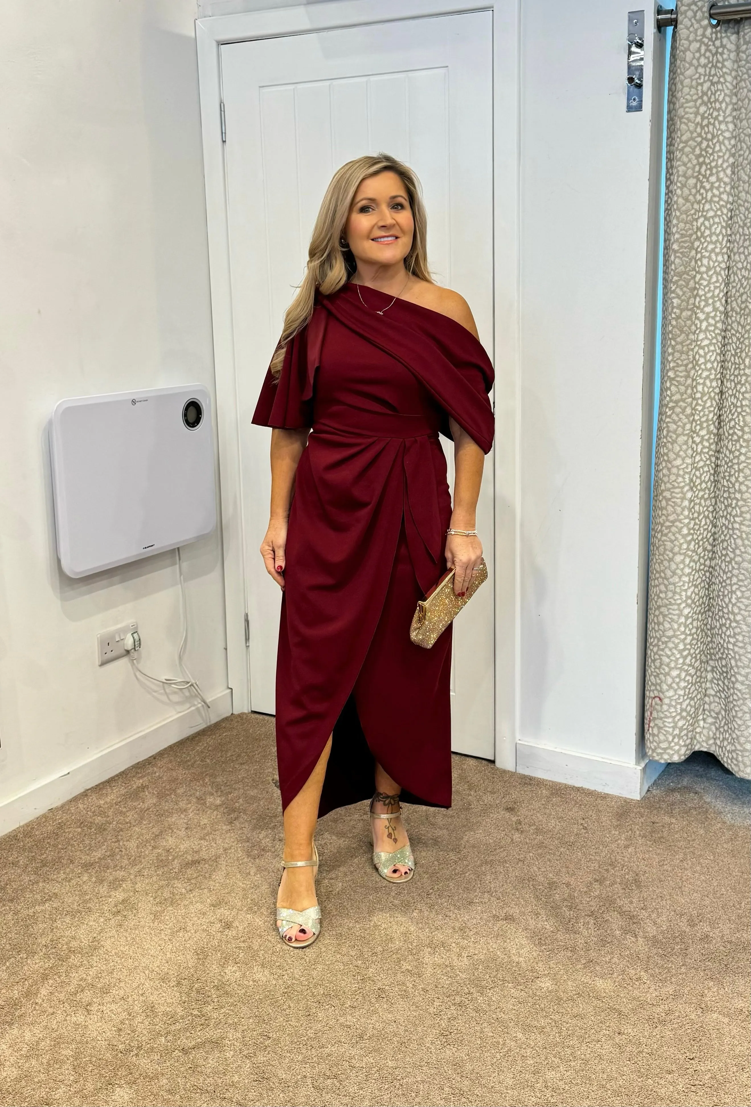 Holly Bardot on off shoulder dip hemline midi dress wine