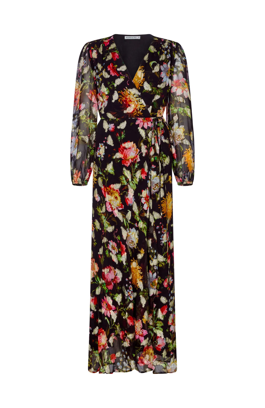 Hope & Ivy -The Bunty Maxi Wrap Dress in Floral Print Feather Lurex