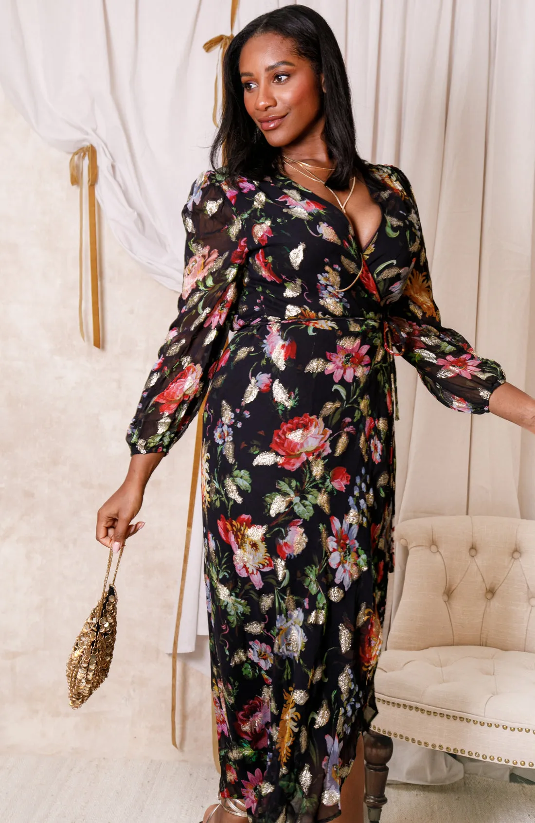 Hope & Ivy -The Bunty Maxi Wrap Dress in Floral Print Feather Lurex