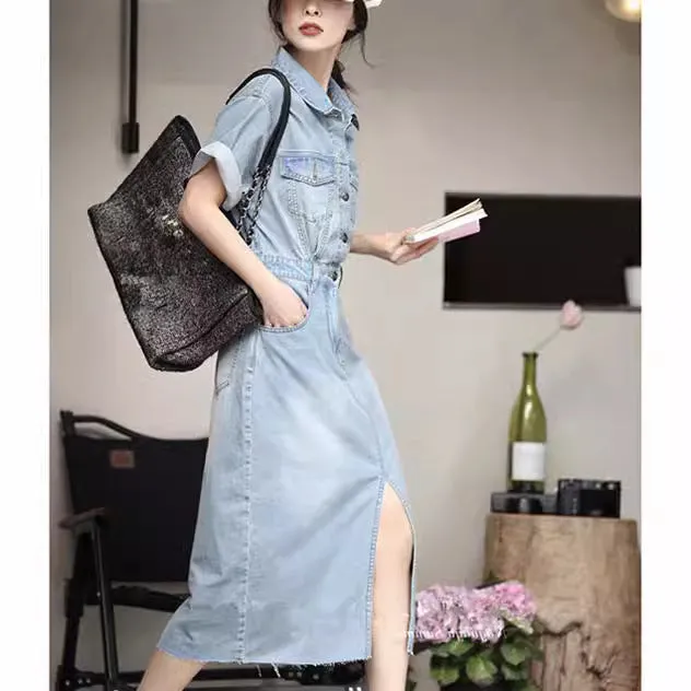 ikearlax Retro Denim Shirt Dress Women's Summer  New  Style Temperament Design Sense Niche Chic Waist-Slimming Dress