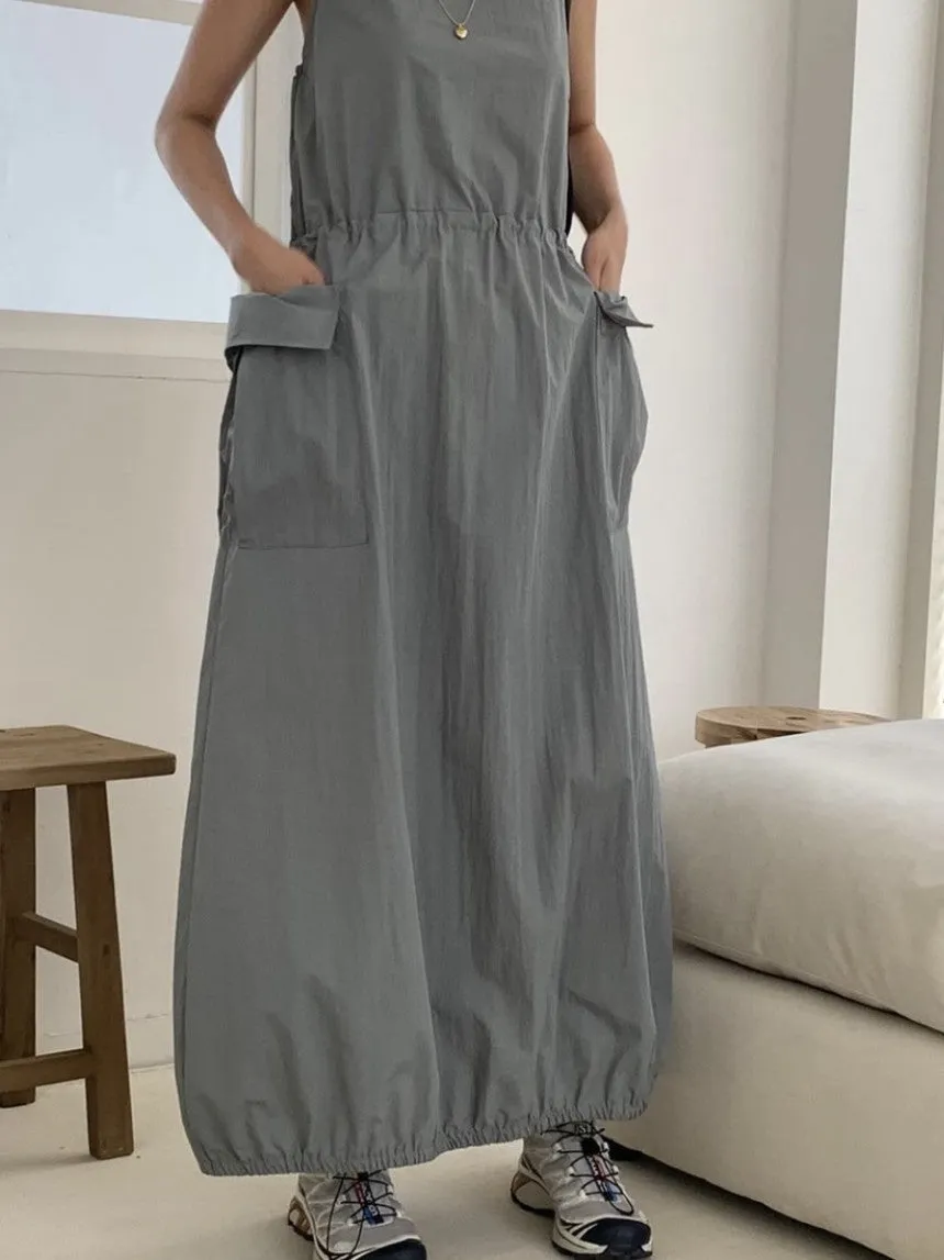 IKEARLAX  South Korea Chic Spring and Autumn Hepburn Style Sling Dress Women's Elegant Drawstring Waist Slimming Large Pocket Long Skirt