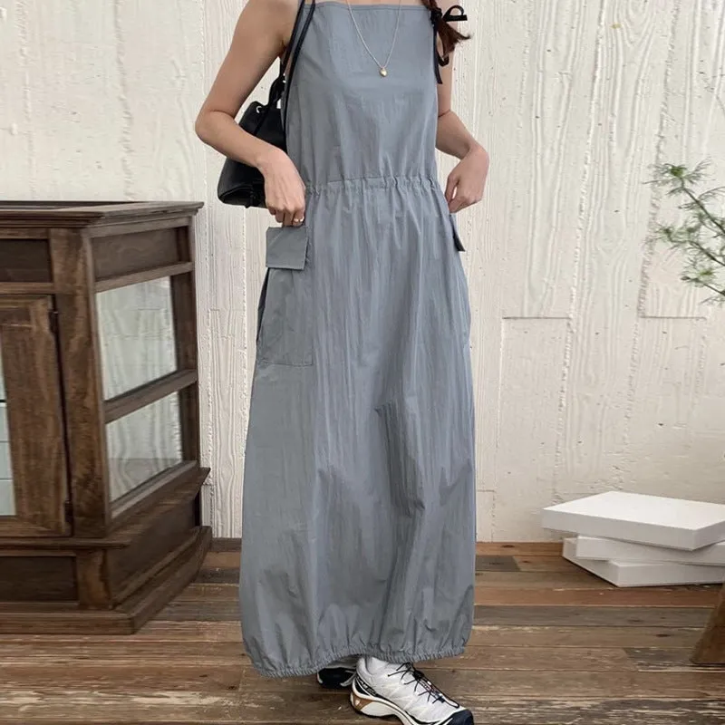 IKEARLAX  South Korea Chic Spring and Autumn Hepburn Style Sling Dress Women's Elegant Drawstring Waist Slimming Large Pocket Long Skirt