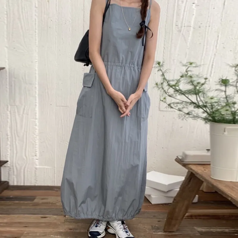 IKEARLAX  South Korea Chic Spring and Autumn Hepburn Style Sling Dress Women's Elegant Drawstring Waist Slimming Large Pocket Long Skirt