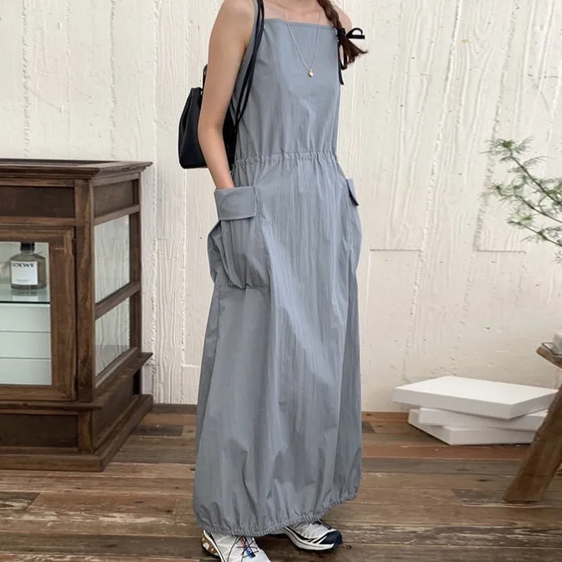 IKEARLAX  South Korea Chic Spring and Autumn Hepburn Style Sling Dress Women's Elegant Drawstring Waist Slimming Large Pocket Long Skirt