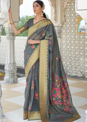 Iron Grey Floral Embroidered Linen Silk Saree