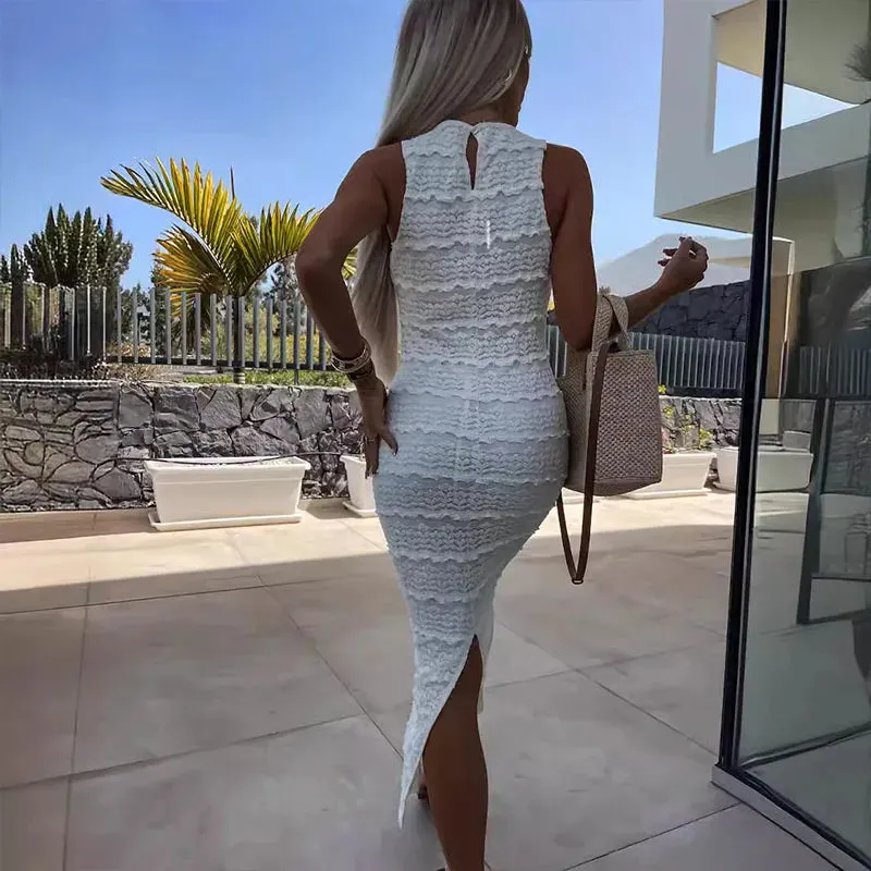 Jacquard Bodycon Wrap Chic Sleeveless O-neck Temperament Solid Split Long Elegant Sexy Dress