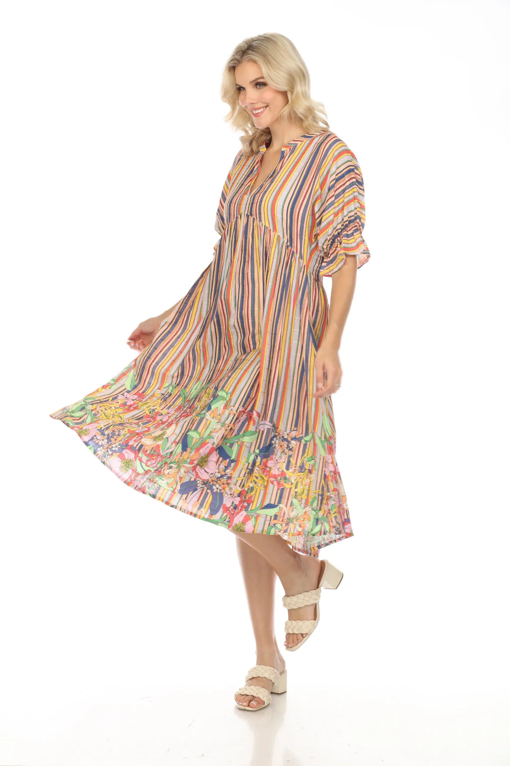 Johnny Was Aldrich Stripe Puff Sleeve Midi Dress Boho Chic R33924