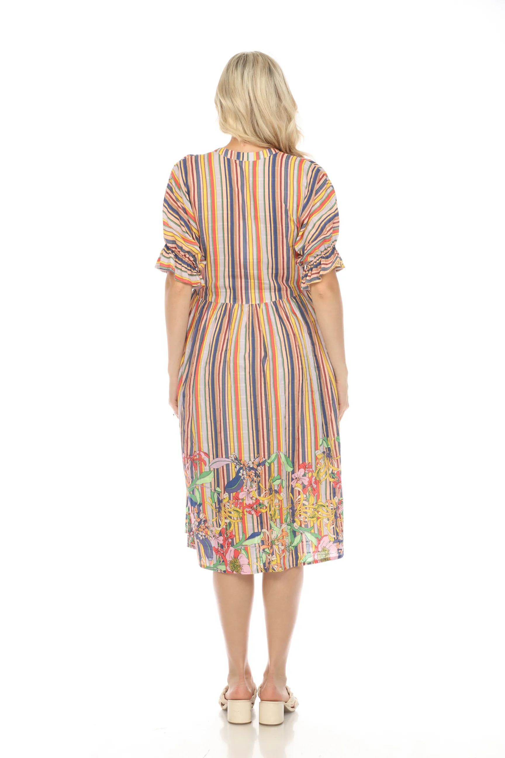 Johnny Was Aldrich Stripe Puff Sleeve Midi Dress Boho Chic R33924