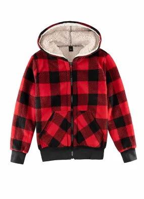 Kids Matching Family Sherpa Lined Red Plaid Sweatshirt Jacket