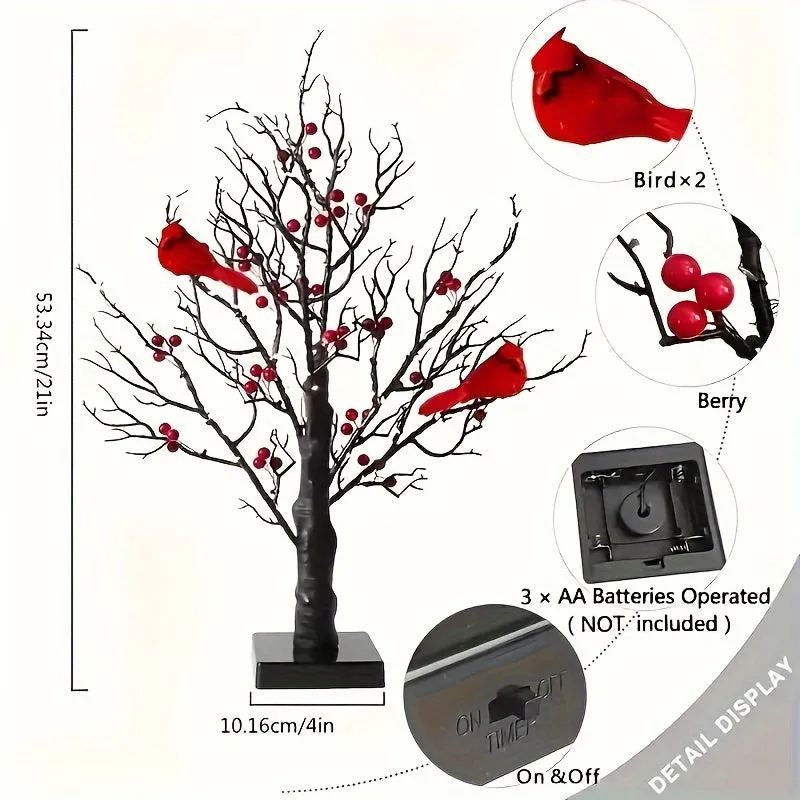 kkboxly 2-pack, Tree Design Table Lamp, Glowing Red Bird Tree Lamp, Modeling Lamp, Christmas LED Simulated Red Flower Tree Lamp, Christmas Tree, Thanksgiving Decoration, Living Room Desktop Bonsai Tree For Room Decoration, Battery Box Powered