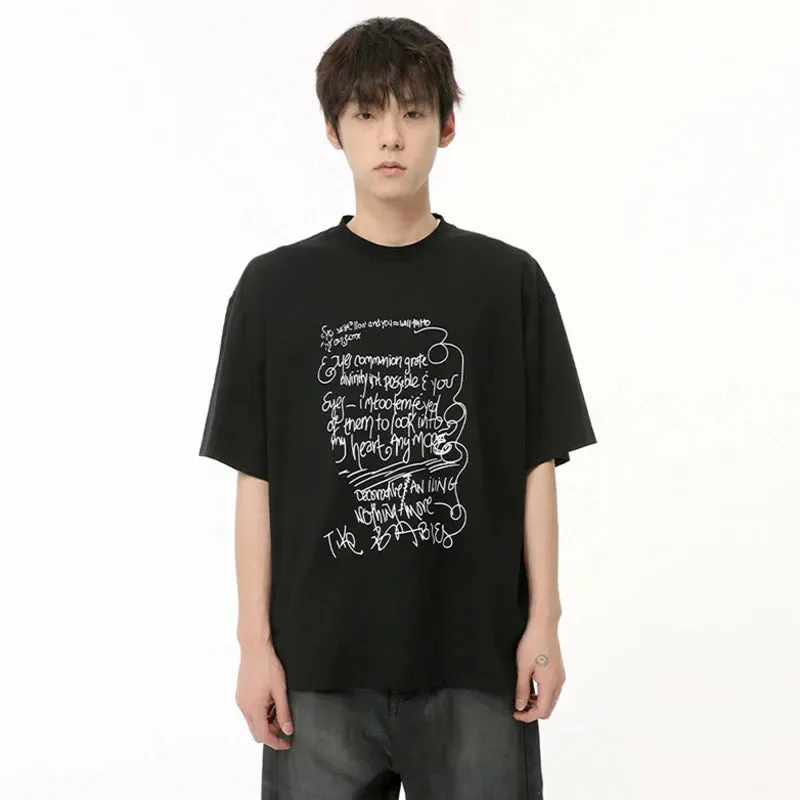 Korean Design Men's T-shirts Graffiti Line Letter Printing Tees O-neck Short Sleeve Casual Male Tops Chic Summer 9C6474