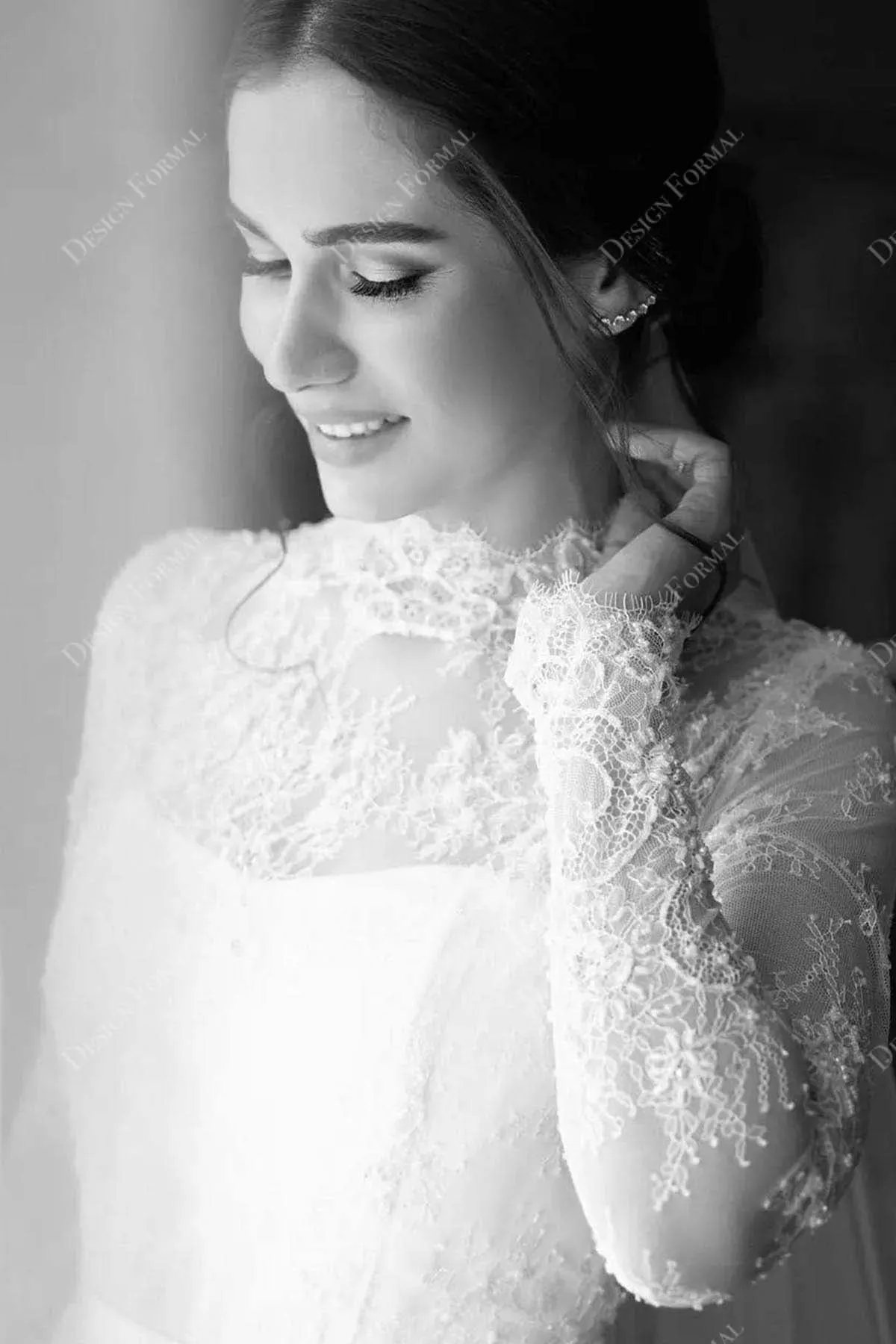 Lace Illusion Neck Long Sleeves Customized Wedding Dress