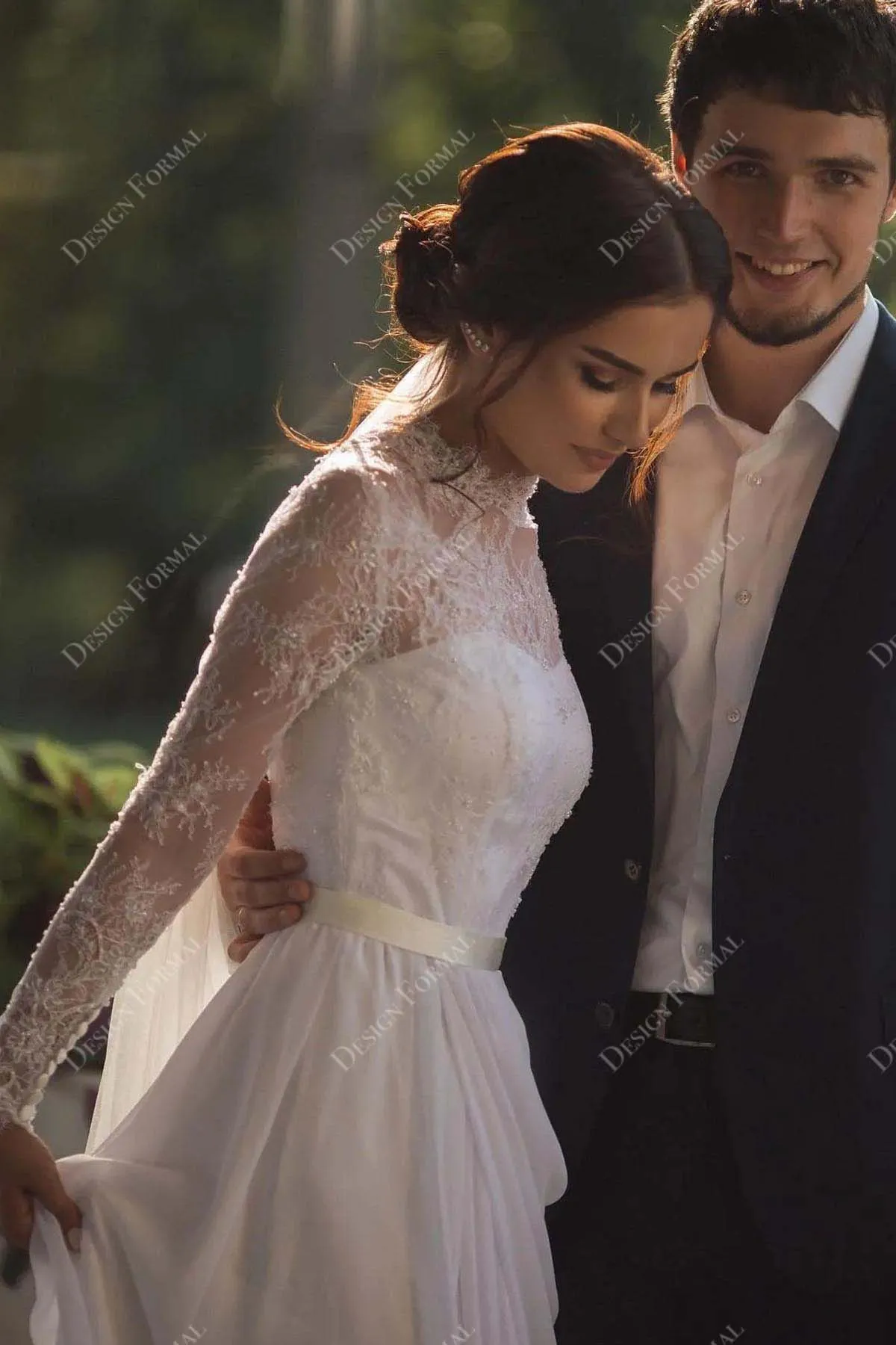 Lace Illusion Neck Long Sleeves Customized Wedding Dress